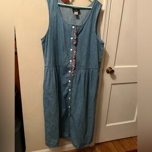 Blue Denim Sleeveless Button-Front Midi Dress Jumper size 18W. 15” gathered trim